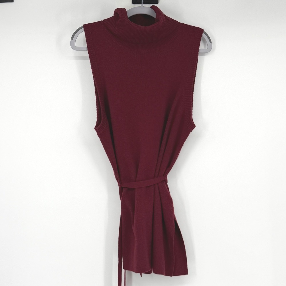 By Anthropologie Burgundy Merino Wool Blend Sleeveless Turtleneck Tunic Belted M